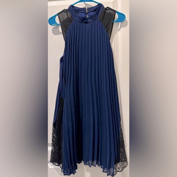 Revolve | BCBGeneration Mixed Media Pleated Lace A-line Dress in Deep Blue Black - Picture 6 of 7